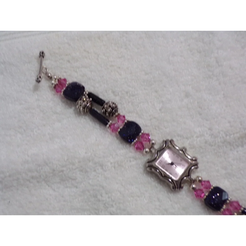Geneva Womens Beaded Bracelet Watch Pink Black Crystal‎ Silver Tone Toggle Clasp